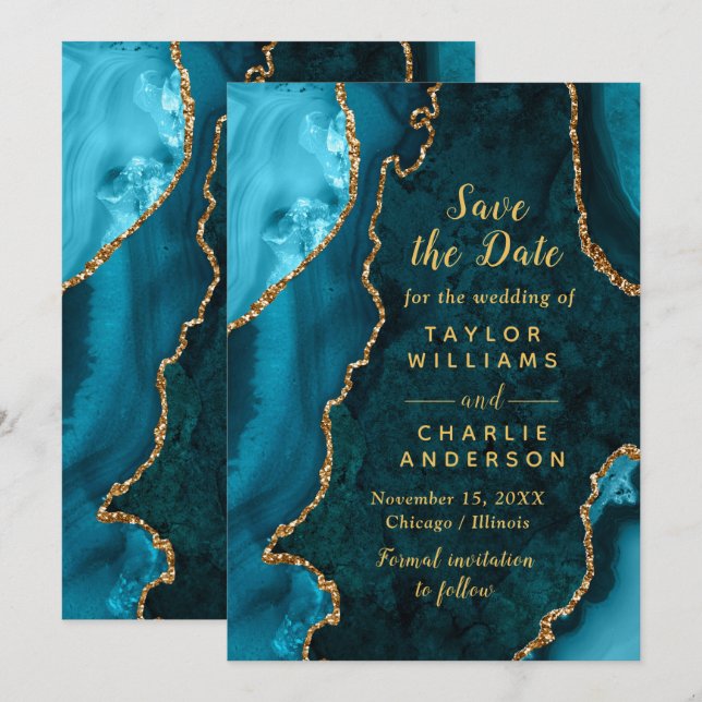Convite Teal Blue and Gold Agate Marble Save The Date (Frente/Verso)