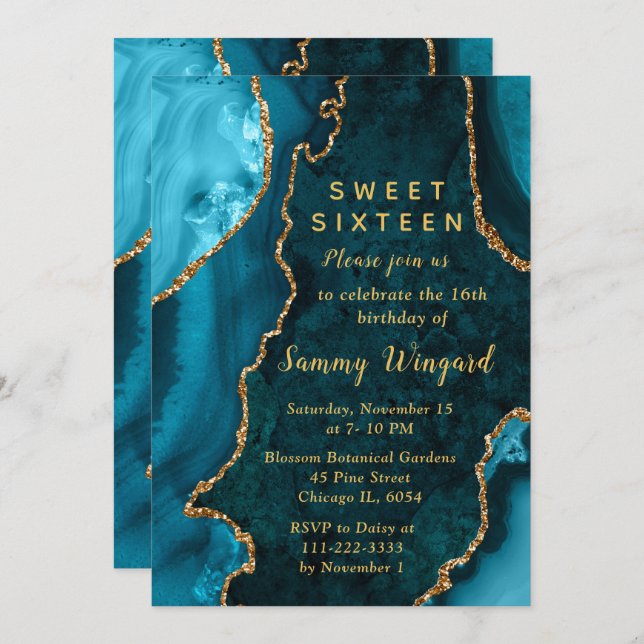 Convite Teal Blue and Gold Agate Marble Sweet Sixteen (Frente/Verso)