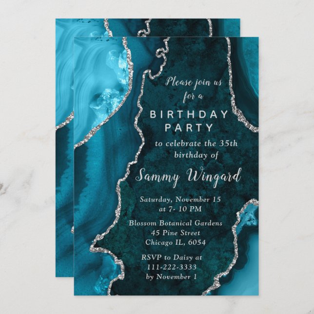Convite Teal Blue and Silver Agate Marble Birthday Party (Frente/Verso)