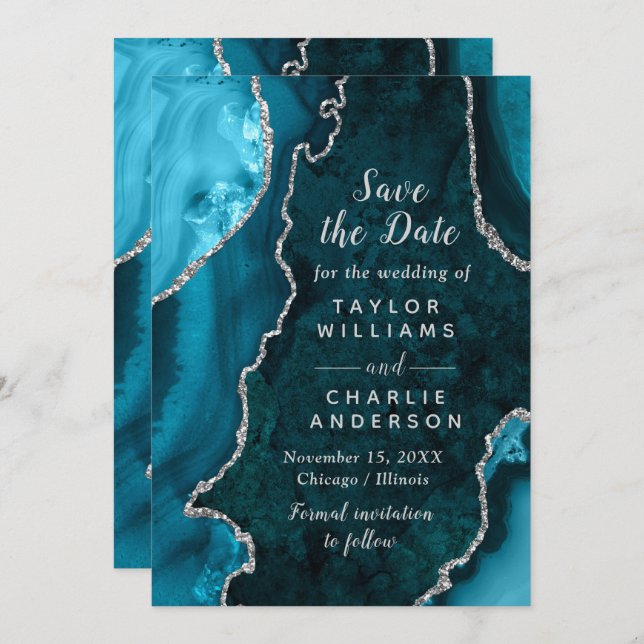 Convite Teal Blue and Silver Agate Marble Save The Date (Frente/Verso)