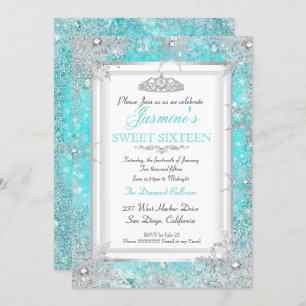 Convite Teal Blue Aqua Silver Winter Wonderland Sweet 16