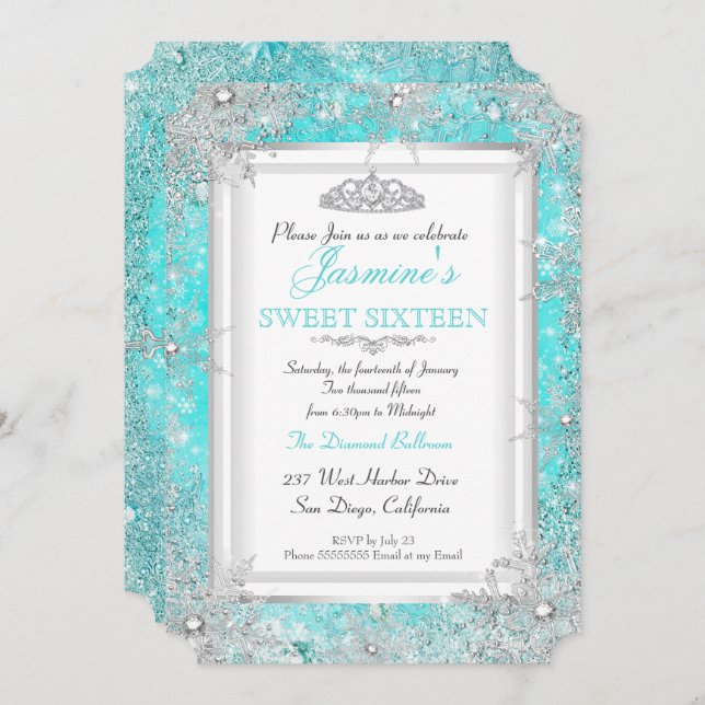 Convite Teal Blue Aqua Silver Winter Wonderland Sweet 16 (Frente/Verso)