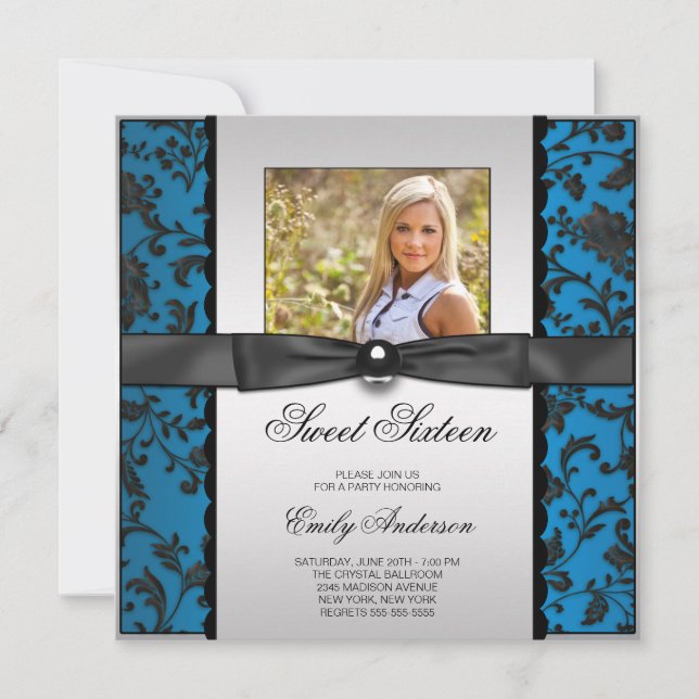 Convite Teal Blue Black Damask Foto Sweet 16 Party (Frente)