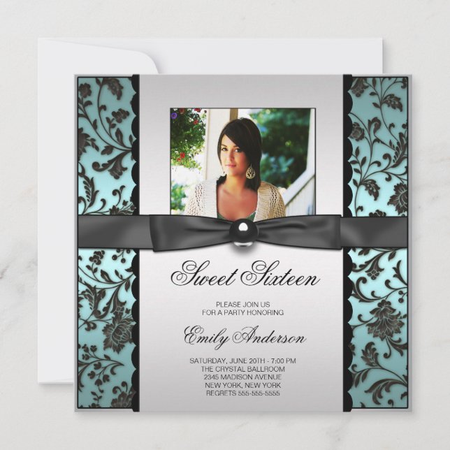 Convite Teal Blue Black Damask Foto Sweet 16 Party (Frente)