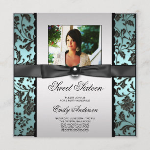 Convite Teal Blue Black Damask Foto Sweet 16 Party