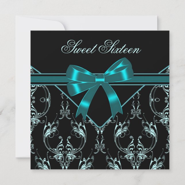 Convite Teal Blue Black Damask Sweet 16 Party (Frente)