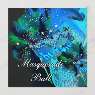 Convite Teal Blue Black Mask Mascarada Ball Party