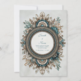 Convite Teal Blue Brown Feather Floral Rustic Wedding