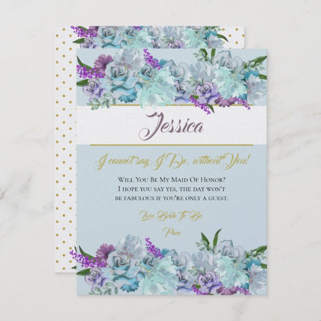 Convite Teal Blue Buquê Weding Suite Be My Bridesmaid (Frente/Verso)