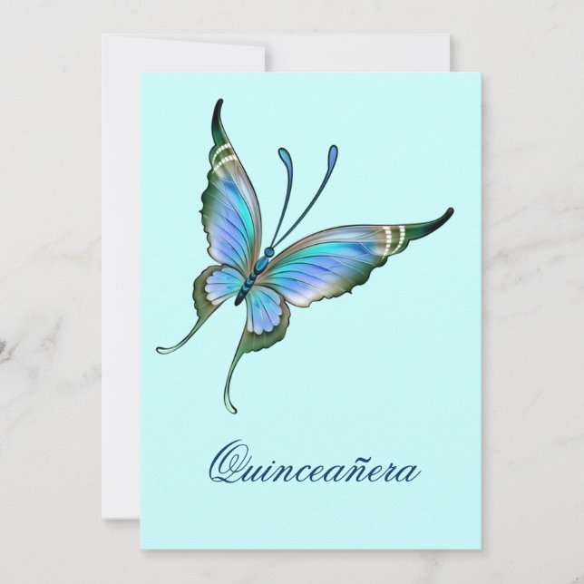 Convite Teal Blue Butterfly Quinceanera 15 Birthday (Frente)