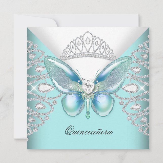 Convite Teal Blue Butterfly Tiara Quinceanera 15 (Frente)