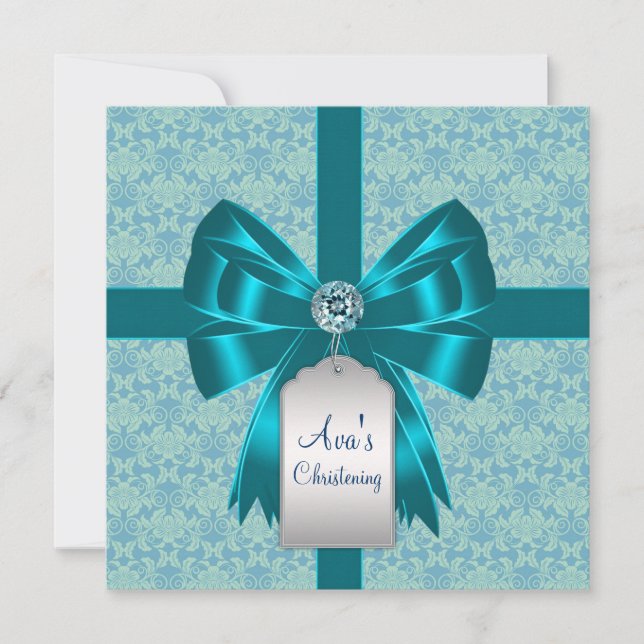 Convite Teal Blue Damask Baby Baptism Christening (Frente)