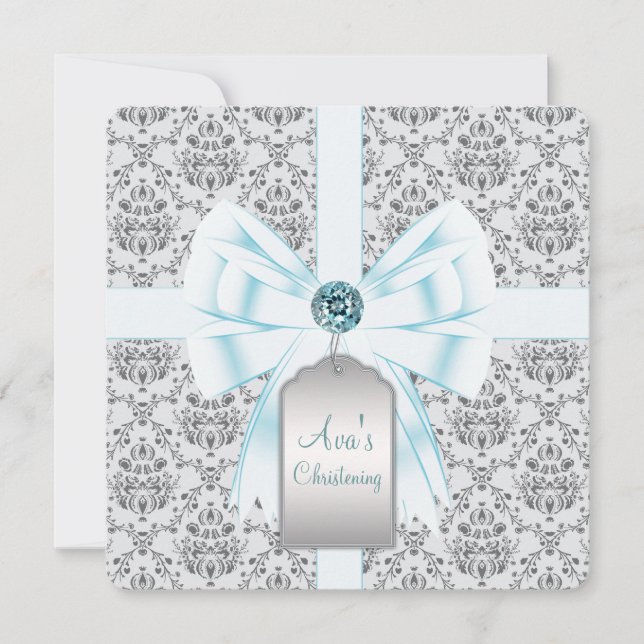 Convite Teal Blue Damask Baby Baptism Christening (Frente)