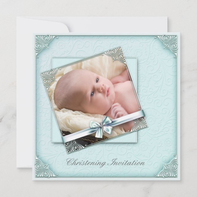 Convite Teal Blue Damask Girl Foto Christening (Frente)