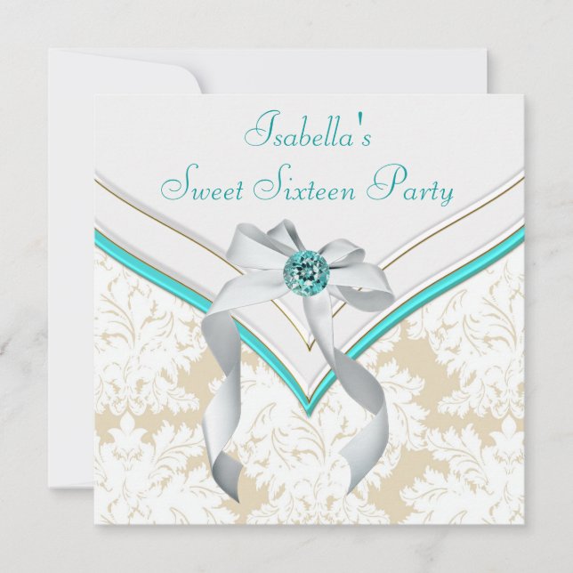 Convite Teal Blue Damask Sweet 16 Party (Frente)