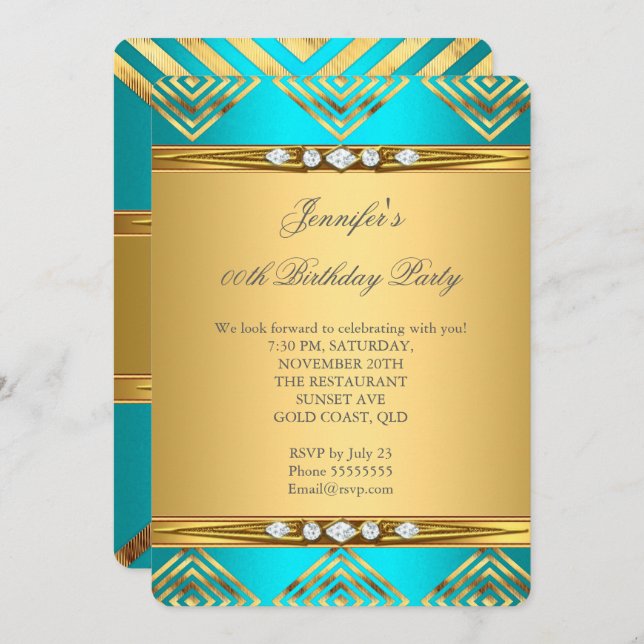 Convite Teal Blue Deco Strike Dourado Diamond Party (Frente/Verso)