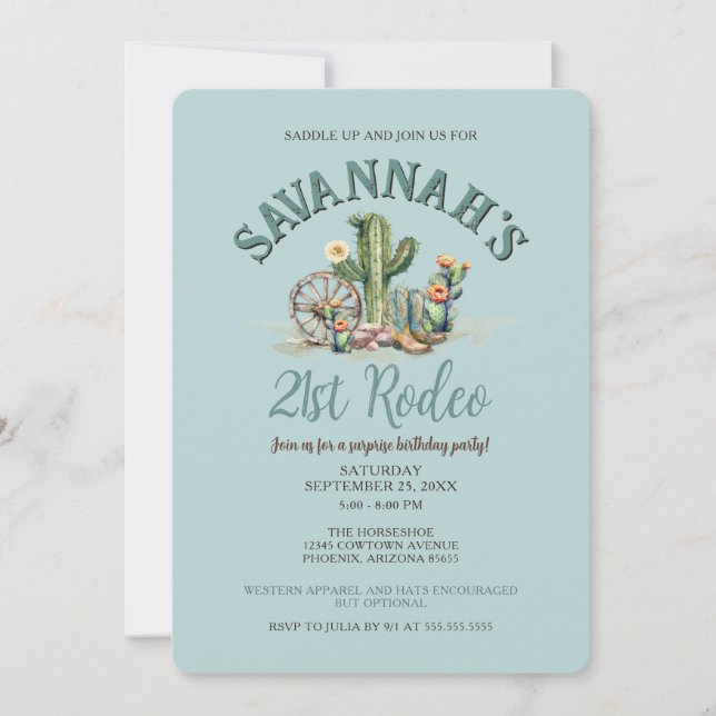 Convite Teal Blue Desert Cowgirl Festa de aniversário Rode (Frente)