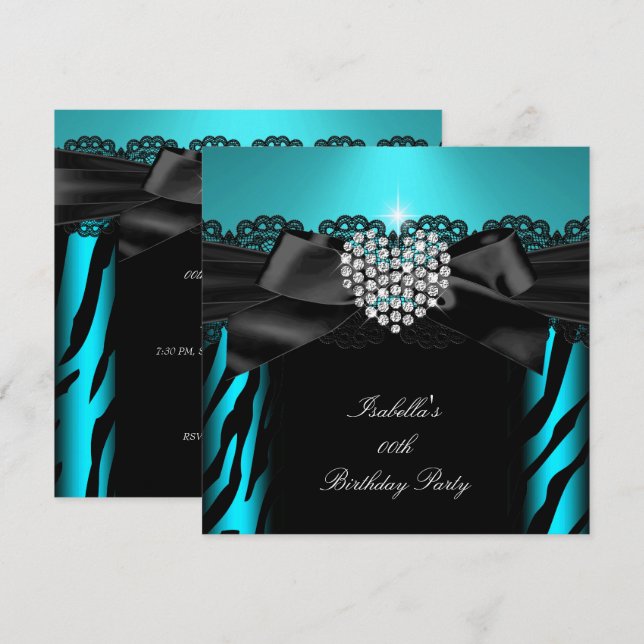 Convite Teal Blue Diamond Heart Zebra Festa de aniversário (Frente/Verso)