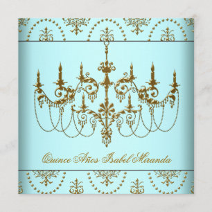Convite Teal Blue Dourada Chandelier Quinceanera
