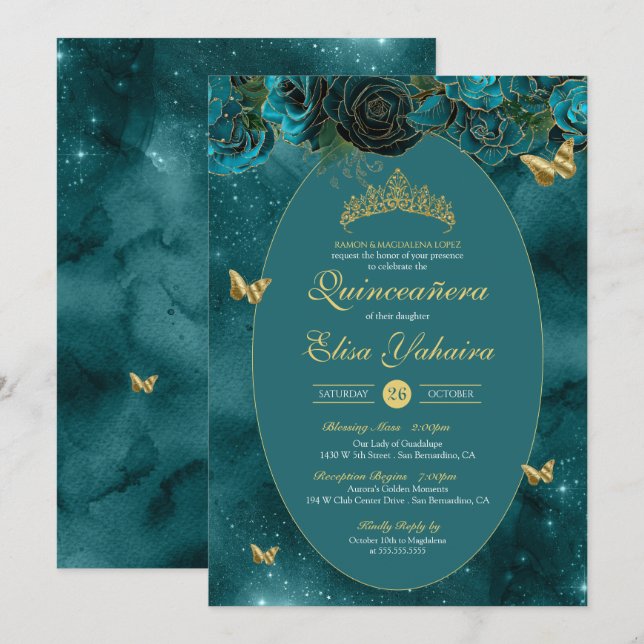 Convite Teal Blue Dourado Borboleta de luxo Quinceanera (Frente/Verso)
