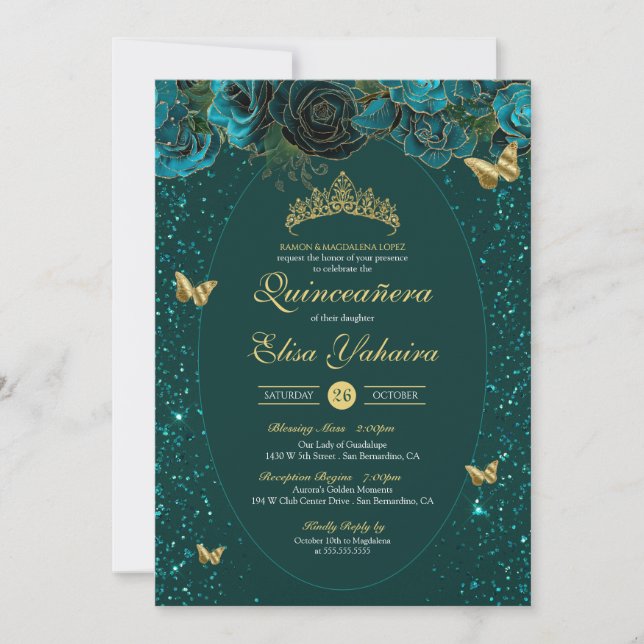 Convite Teal Blue Dourado Borboleta de luxo Quinceanera (Frente)