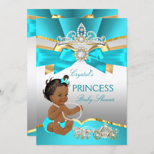 Convite Teal Blue Dourado Princesa Chá de fraldas Étnica