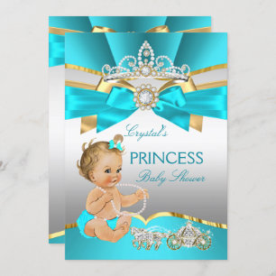 Convite Teal Blue Dourado Princess Chá de fraldas Blona