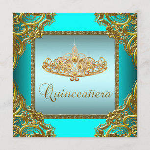 Convite Teal Blue Dourado Tiara Quinceanera