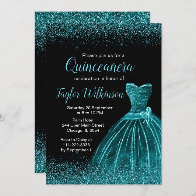 Convite Teal Blue Dress Faux Glitter Quinceanera (Frente/Verso)