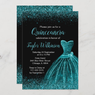 Convite Teal Blue Dress Faux Glitter Quinceanera