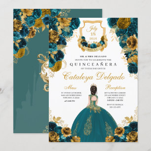 Convite Teal Blue e Dourada Quinceañera