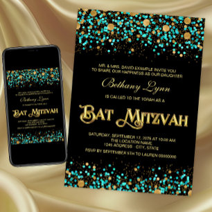 Convite Teal Blue e Dourado Bat Mitzvah