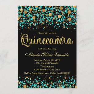 Convite Teal Blue e Quinceanera Dourada