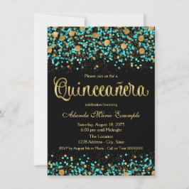 Convite Teal Blue e Quinceanera Dourada