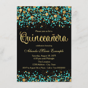 Convite Teal Blue e Quinceanera Dourada