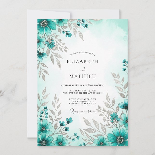 Convite Teal Blue Exquisite Spring Wedding (Frente)