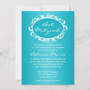 Convite Teal Blue Flourish Frame Swirl Bat Mitzvah