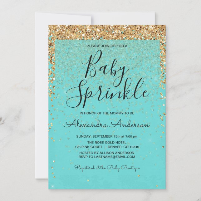 Convite Teal Blue Girly Glitter Sparkle Girl Sprink (Frente)