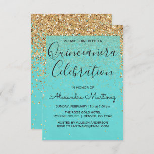Convite Teal Blue Girly Glitter Sparkle Quinceanera