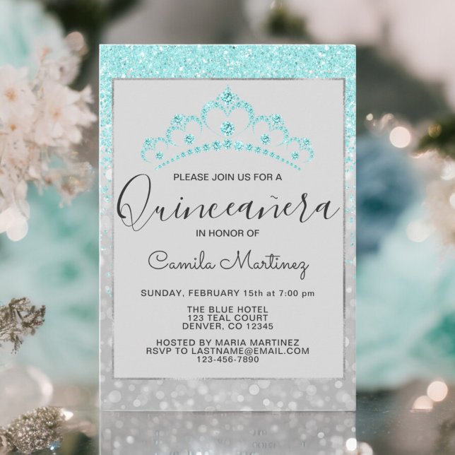 Convite Teal Blue Girly Glitter Sparkle Quinceanera (Criador carregado)