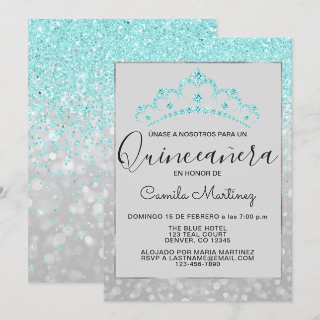 Convite Teal Blue Girly Glitter Sparkle Quinceanera (Frente/Verso)