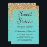 Convite Teal Blue Girly Glitter Sparkle Sweet 16 Aniversár<br><div class="desc">Teal Aqua Blue Girly Dourada Glitter e Sparkle Doce 16 Convites de aniversário. Este convite é perfeito para uma Festa de aniversário Turquoise Girly Sweet 16. Entre em contato com o designer para obter itens correspondentes personalizados.</div>