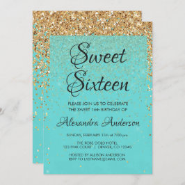 Convite Teal Blue Girly Glitter Sparkle Sweet 16 Aniversár