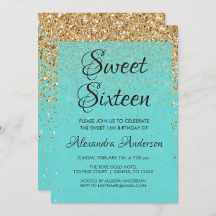 Convite Teal Blue Girly Glitter Sparkle Sweet 16 Aniversár