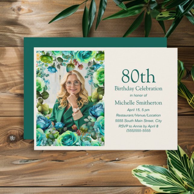 Convite Teal Blue Green Flowers 80 Foto de Aniversário (Green and blue watercolor floral 80th birthday party photo card)