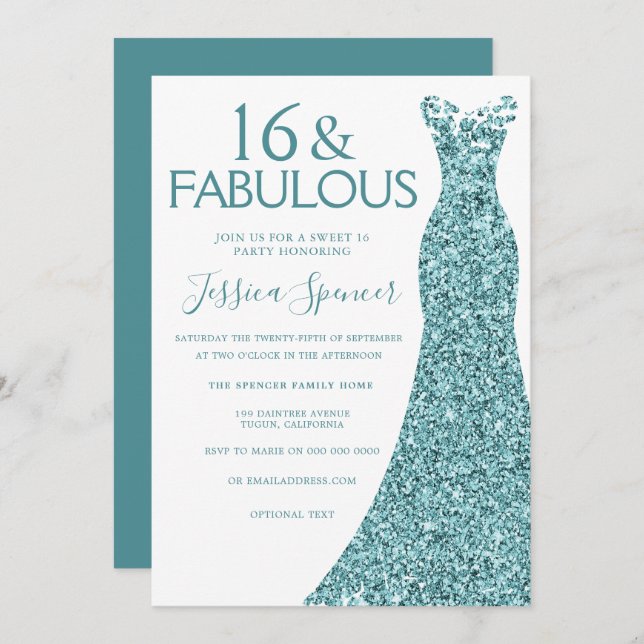 Convite Teal Blue Green Glitter Dress Doce 16 Partido Doce (Frente/Verso)