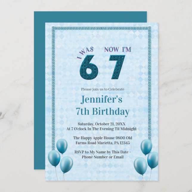 Convite Teal  Blue I Was 6 Now 7 Birthday (Frente/Verso)