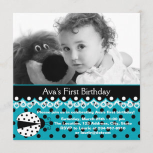 Convite Teal Blue Ladybug Meninas Festa de Fotografia prim