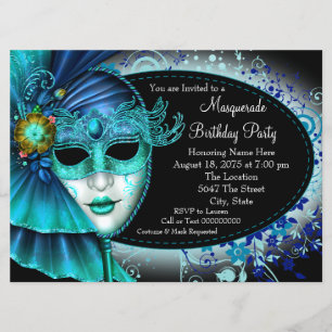 Convite Teal Blue Midnight Mascarada Party