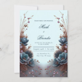 Convite Teal Blue Modern Symmetrical Botanical Wedding